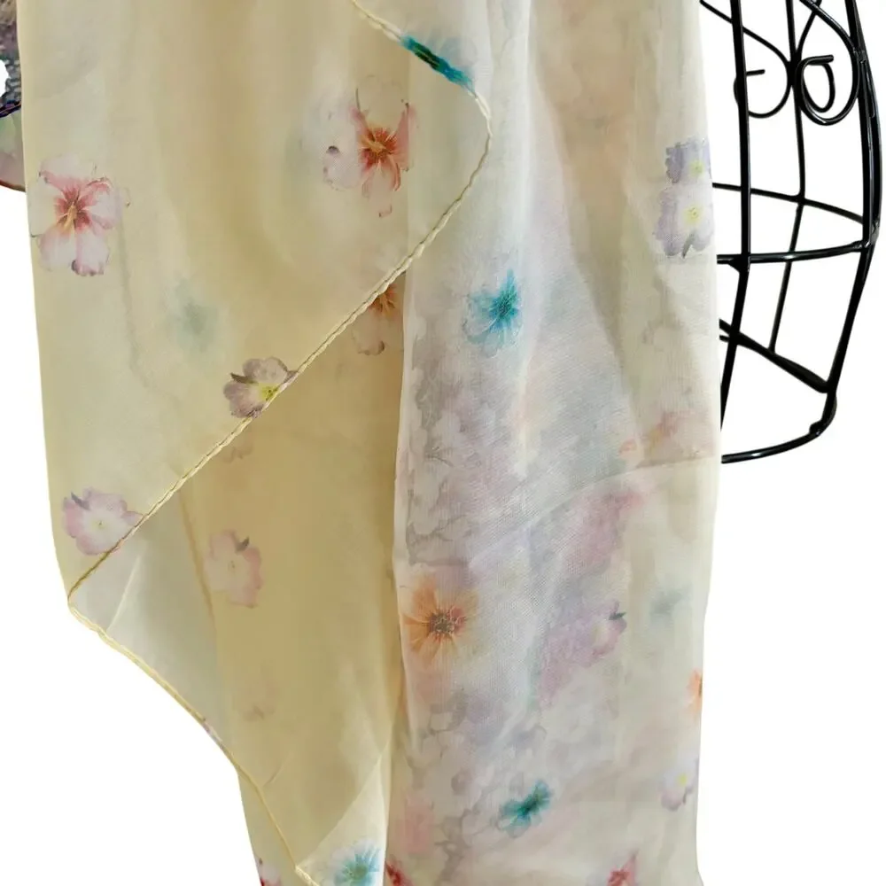 Impressionist Floral  !00% Silk Large Scarf Wrap Shawl Yellow Cottage  56 x 54